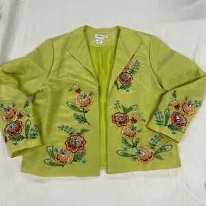 Coldwater Creek Lime Green Linen Silk Floral Embroidered Sequin Blazer Jacket PM